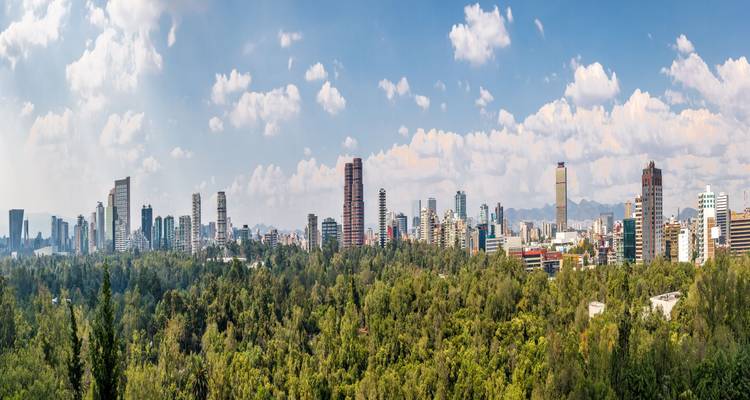 Panoramischer Blick auf die Skyline von Mexiko-Stadt, der sich jenseits des grünen Blätterdachs des Chapultepec-Parks an einem klaren Tag erstreckt.