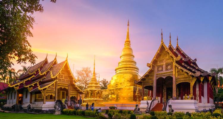 Chedi dorado y viharns ornamentados de un templo de Chiang Mai brillando al atardecer.