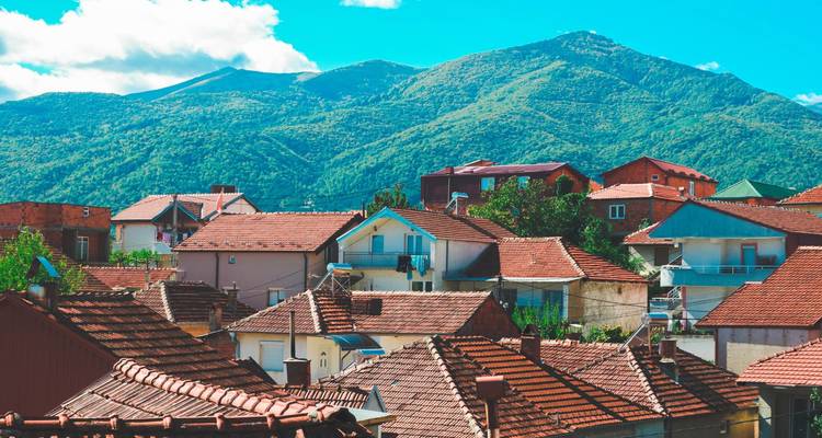 Ensemble de toits de village aux tuiles rouges se détachant sur les pentes de montagnes verdoyantes.