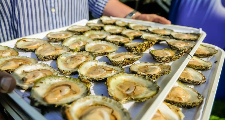 Plateau rempli d'huîtres fraîchement décortiquées exposé par un vendeur à un marché aux fruits de mer irlandais ou à un festival.