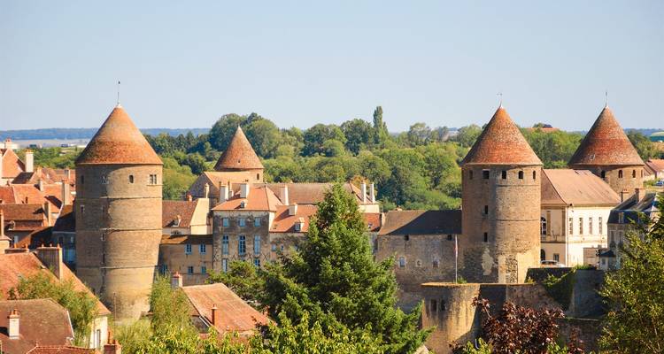 Paysage urbain médiéval présentant plusieurs tours cylindriques en pierre avec des toits coniques entourées d'une campagne verdoyante.