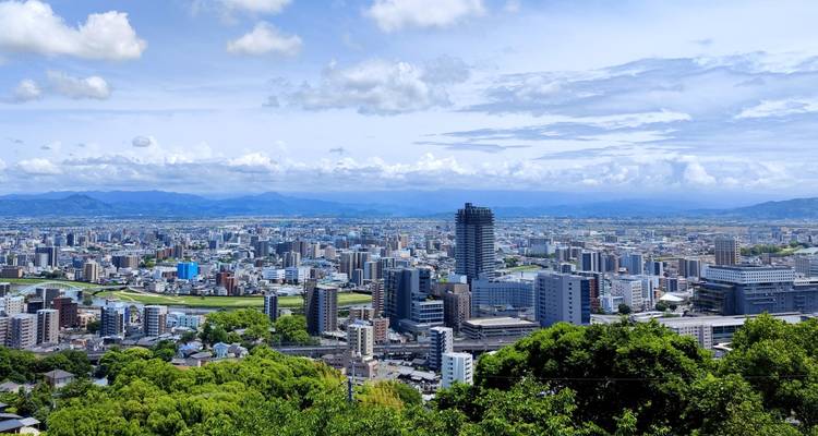 Expansive urban skyline under scattered clouds with green foreground trees and distant mountains.