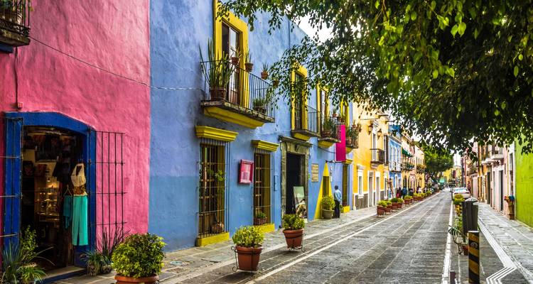 Rue animée à Puebla avec des bâtiments pastel et des plantes en pots après la pluie.