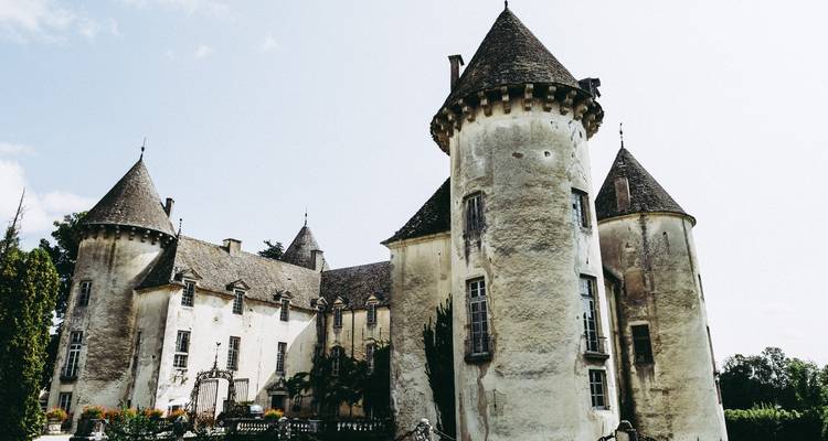 Rustikales französisches Schloss mit mehreren runden Türmen, umgeben von Bäumen unter einem blassen Himmel