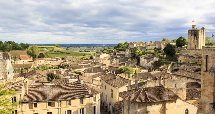 Vue panoramique sur les toits de pierre médiévaux d'une ville viticole s'étendant vers la campagne vallonnée.