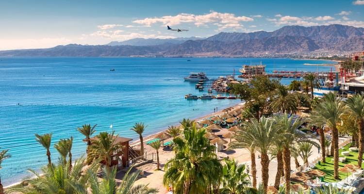 Vue panoramique côtière d'Aqaba avec une mer turquoise, une plage bordée de palmiers et un avion s'approchant au-dessus de l'eau.
