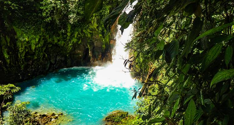 Levendige turquoise zwembad en waterval omgeven door weelderige regenwoudvegetatie.