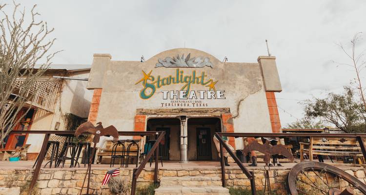 Rustic Starlight Theatre building in the desert ghost town of Terlingua