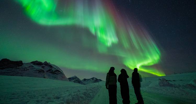 Drie silhouetachtige figuren staan op een sneeuwweg en bewonderen het indrukwekkende groene noorderlicht boven het berggebergte.