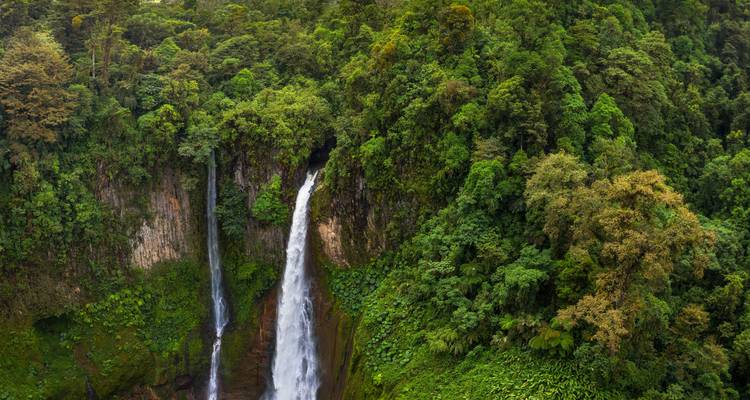 Dos cascadas gemelas cayendo por un acantilado verde y exuberante rodeado por el denso dosel de la selva tropical.