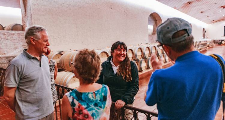 Los visitantes charlan con un anfitrión dentro de una bodega forrada con barriles de roble.