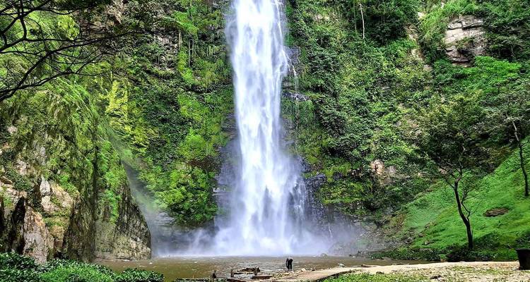 Tall tropical waterfall plunges into a misty pool surrounded by vivid green cliffs and foliage.