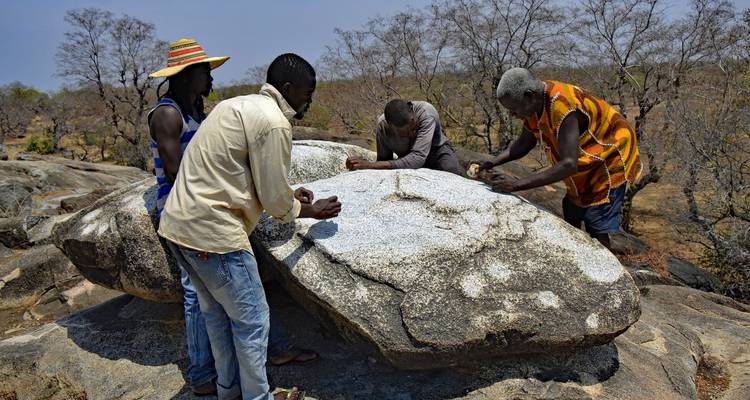 Local men carve traditional markings into a large granite boulder in a dry woodland setting.