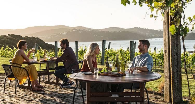 Dos parejas disfrutan de vino y comida en una terraza al aire libre de una viña con vistas a colinas ondulantes y agua al atardecer.