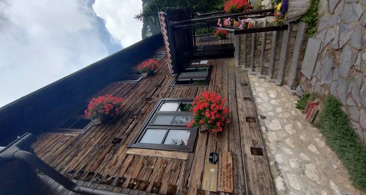 Charmant refuge de montagne en bois avec des jardinières de fleurs rouges et une fondation en pierre contre une pente forestière.
