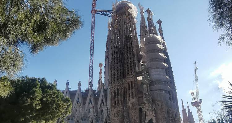 Die aufragenden Spitzen der Sagrada Familia im Bau vor einem klaren blauen Himmel.