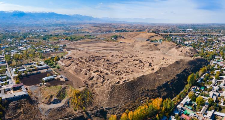 Aerial panorama of an expansive archaeological site with distant snow-tipped mountains and autumn trees.