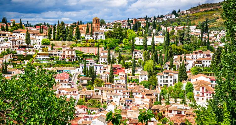 Leafy hillsides dotted with white houses and cypress trees in the historic Albaicín district of Granada.