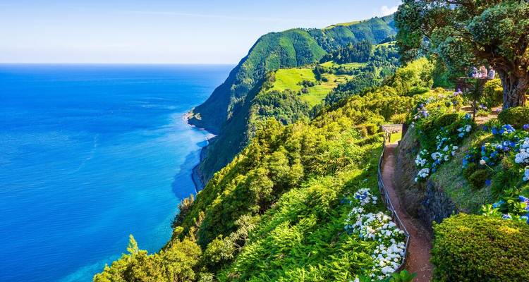 Bright coastal cliff view with lush gardens and hydrangeas overlooking endless blue Atlantic.