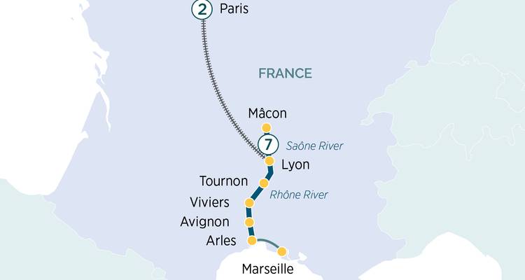 Routenkarte einer französischen Reiseroute von Paris nach Marseille über die Flüsse Saône und Rhône.