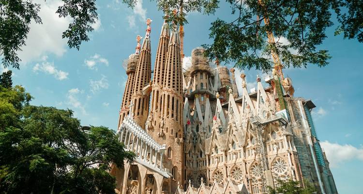 Blick auf die aufragenden Türme und kunstvollen Fassaden der Sagrada Familia, umrahmt von laubigen Bäumen.
