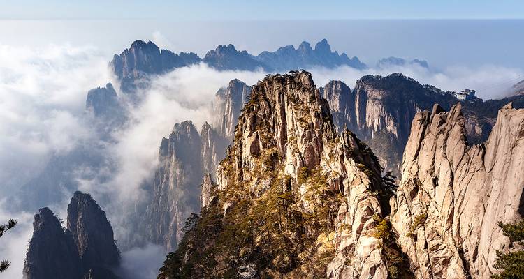 Les pics de granit dentelés de Huangshan perçant les mers ondulantes de nuages à la lumière du matin.
