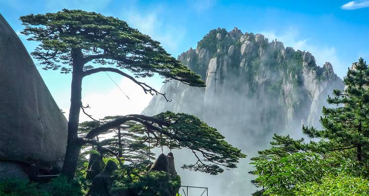 Le pin tordu emblématique encadrant les falaises de granit brumeuses de Huangshan sous un ciel bleu éclatant.