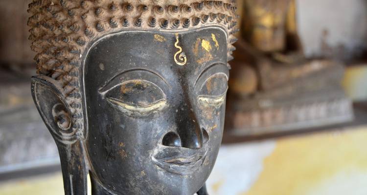 Gros plan d'une tête de Bouddha en bronze foncé avec des vestiges subtils de feuille d'or