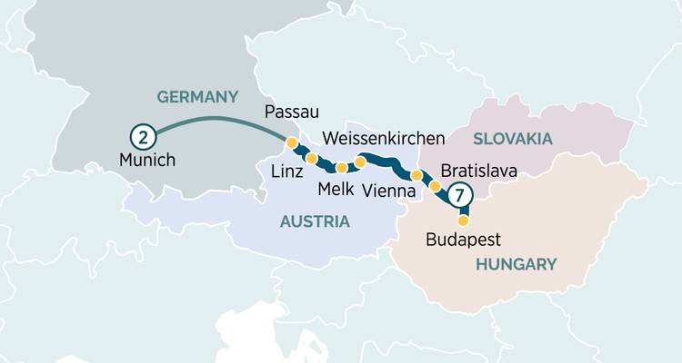 Carte d'itinéraire de visite mettant en évidence Munich, Passau, Vienne, Bratislava et Budapest à travers l'Allemagne, l'Autriche, la Slovaquie et la Hongrie.