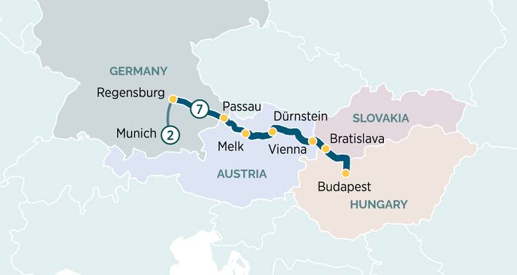 Mapa que muestra una ruta fluvial desde Múnich pasando por Passau, Viena y Bratislava hasta Budapest.