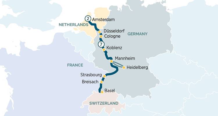 Carte illustrant une croisière sur le Rhin d'Amsterdam à Bâle avec des escales en Allemagne et en France.