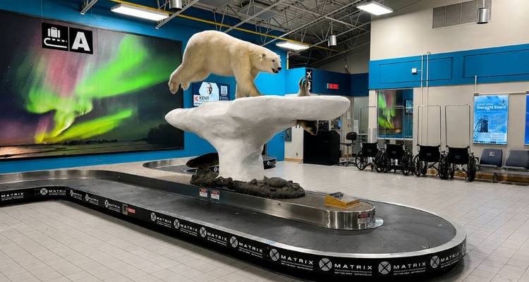 Flughafengepäckband mit großer Eisbärplastik und Aurora-Wandgemälde in der Ankunftshalle.