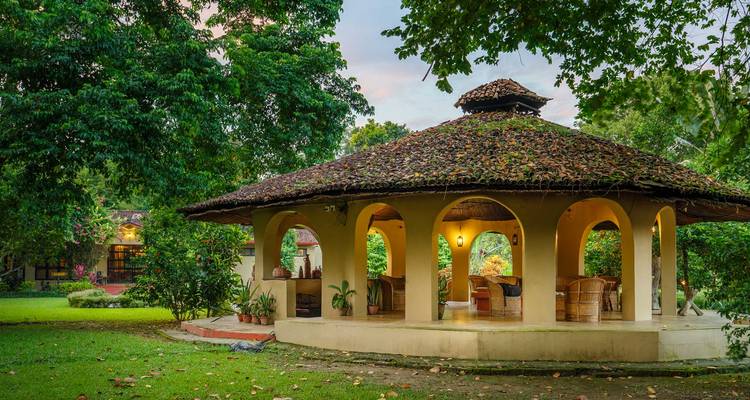 Offener Pavillon mit Strohdach befindet sich in einem üppigen grünen Garten eines Dschungel-Lodges in der Dämmerung.