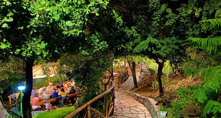 Outdoor-Restaurant versteckt unter belaubten Bäumen mit Gästen, die entlang eines nachts beleuchteten Steinwegs speisen.