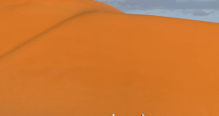 Immense dune orange du Sahara éclipsant deux silhouettes lointaines escaladant sa pente sous un ciel brumeux.