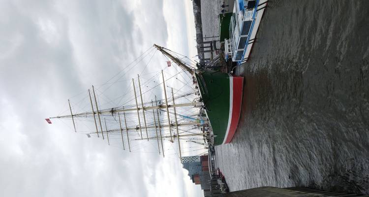 Grand voilier vert amarré sur le fleuve Elbe avec la silhouette du port en arrière-plan