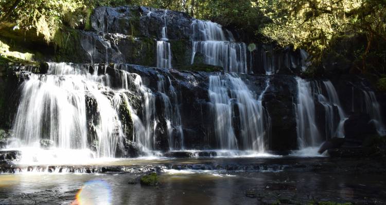 Plusieurs étages d'une cascade de forêt se déversent sur du basalte sombre sous une lumière du soleil tachetée.