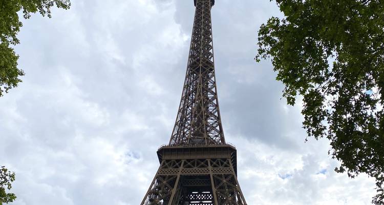 Une vue dramatique en contre-plongée de la Tour Eiffel encadrée par des branches feuillues contre un ciel nuageux lumineux.