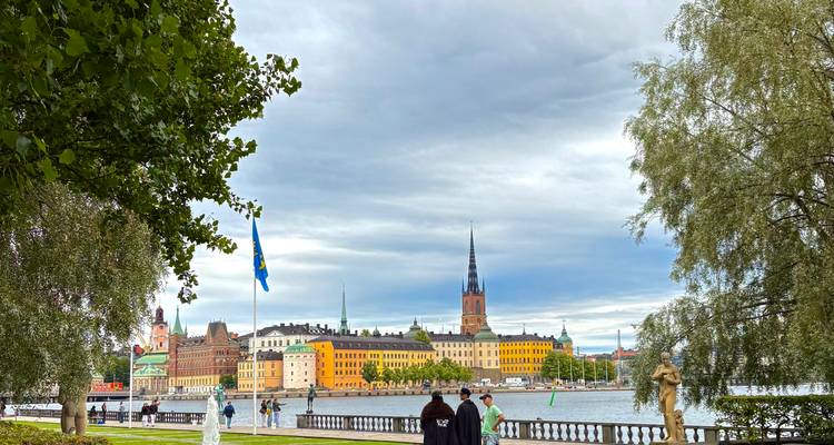 Des personnes se promenant dans un parc verdoyant au bord de l'eau à Stockholm, avec le drapeau suédois et des bâtiments colorés de l'autre côté de l'eau.