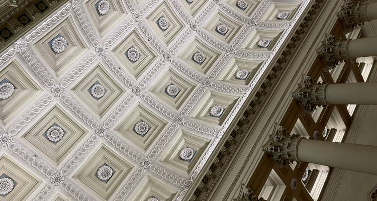 plafond à caissons élégant avec rosaces décoratives blanches et colonnes classiques