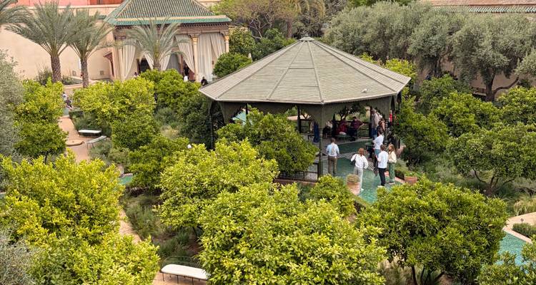 Exuberante jardín con una glorieta hexagonal donde los huéspedes se mezclan entre naranjos