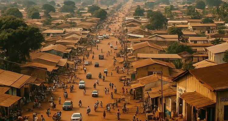 Vista aérea de la principal calle polvorosa de un pueblito africano lleno de gente y vehículos