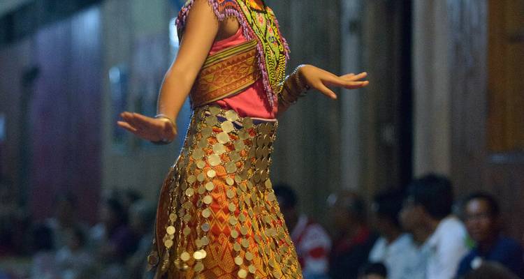 Une danseuse traditionnelle se produit dans un costume orné de perles avec une jupe couverte de pièces de monnaie devant un public assis.