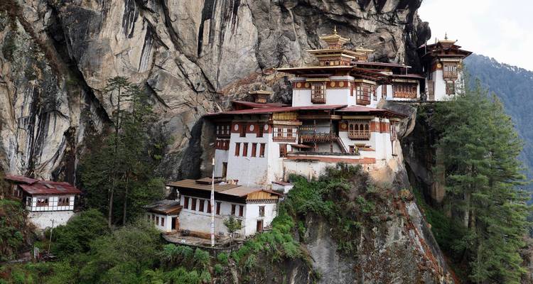 Vue complète du complexe du Monastère du Nid du Tigre perché sur une falaise avec la forêt environnante