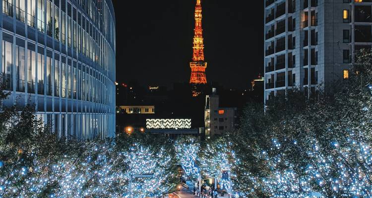 Vue nocturne de la Tokyo Tower brillant en orange au-delà des rues bordées d'arbres décorées de lumières festives bleues.