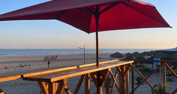 Bar de plage en bois avec parasol rouge surplombant une côte sablonneuse tranquille au crépuscule