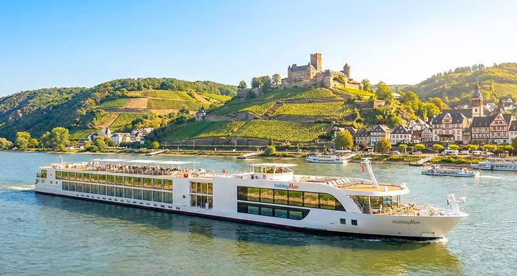Ein weißes Kreuzfahrtschiff gleitet an einem Flussschloss und terrassierten Weinbergen unter strahlender Sonne vorbei.
