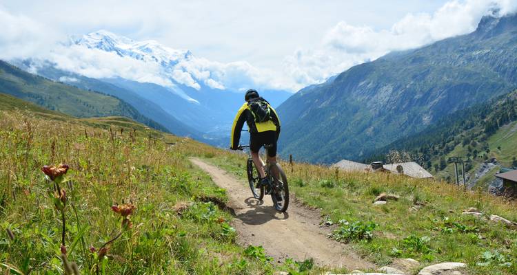 Un ciclista de montaña recorriendo un sendero de tierra a través de prados alpinos con picos nevados y vistas del valle