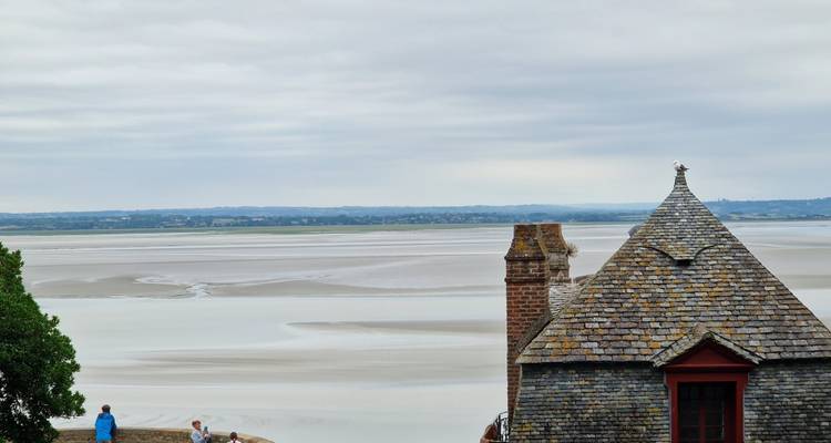 Vue sur les vastes sables de marée depuis les toits du Mont-Saint-Michel avec des visiteurs admirant le panorama.