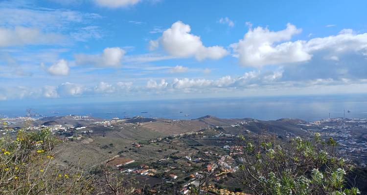 Point de vue élevé surplombant les villes côtières de Grande Canarie, les terres agricoles et la mer sous un ciel dégagé avec des nuages légers et floconneux.